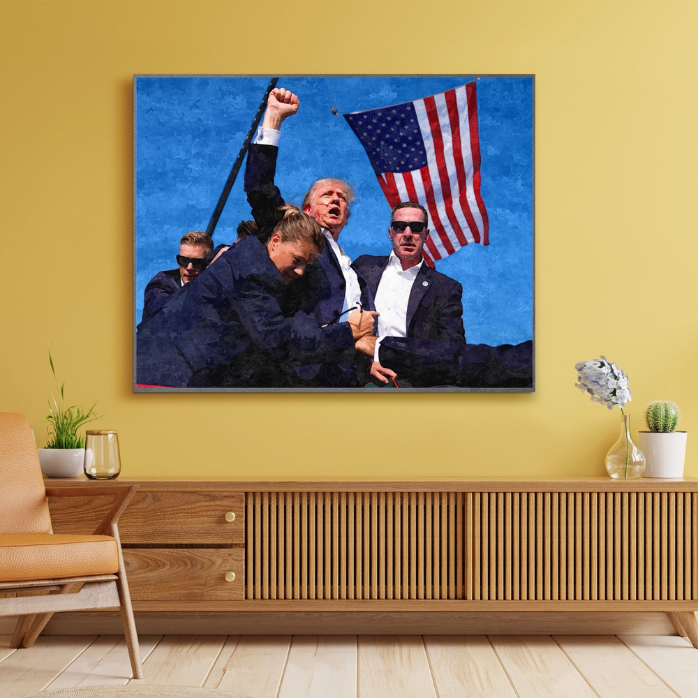 Donald Trump at Butler oil painting displayed in a warm console