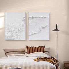 Frosted Tides – Set of 2 Minimalist White Textured Abstract Oil Paintings