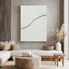 Tranquil Divide – Minimalist White Textured Abstract Painting for Modern Wabi-Sabi Decor