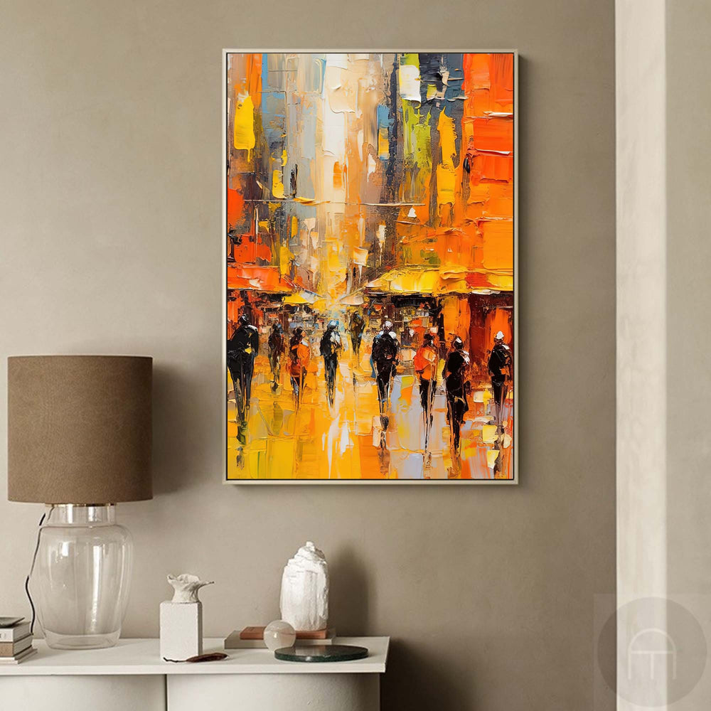 Yellow Abstract Large Cityscape Oil Painting On Canvas Original Urban Scene Art Modern Colorful Wall Art Living Room
