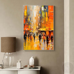 Yellow Abstract Large Cityscape Oil Painting On Canvas Original Urban Scene Art Modern Colorful Wall Art Living Room