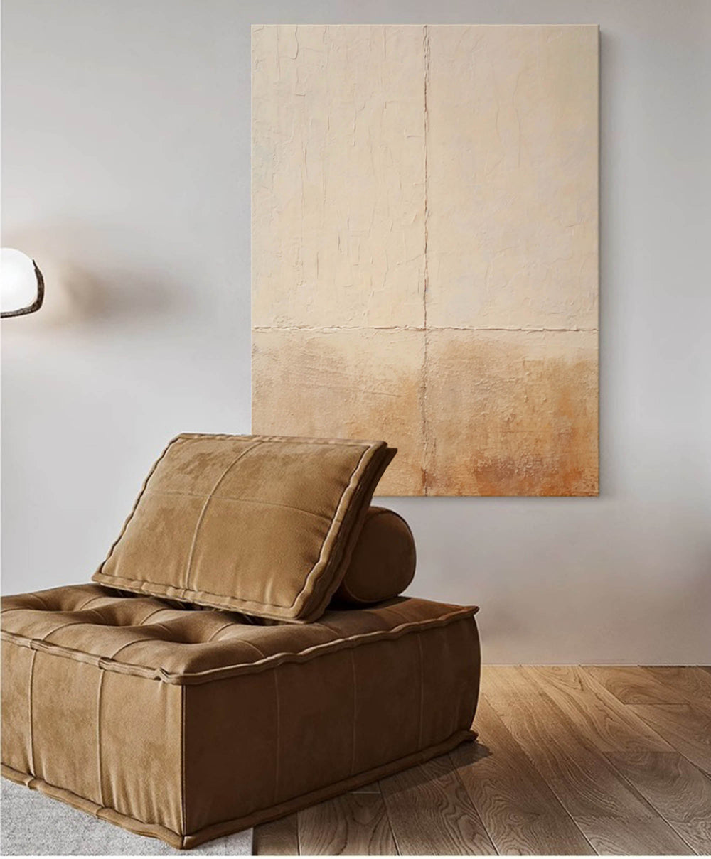 Original Beige and Yellow Minimalist Oil Painting Abstract Large Vintage Wall Art Home Decor