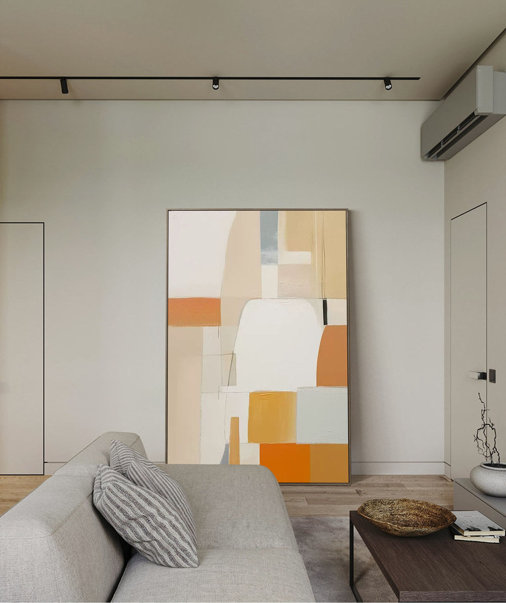 Vibrant Yellow Original Abstract Oil Painting Geometric Large Composition Artwork With Frame For Living Room Decor
