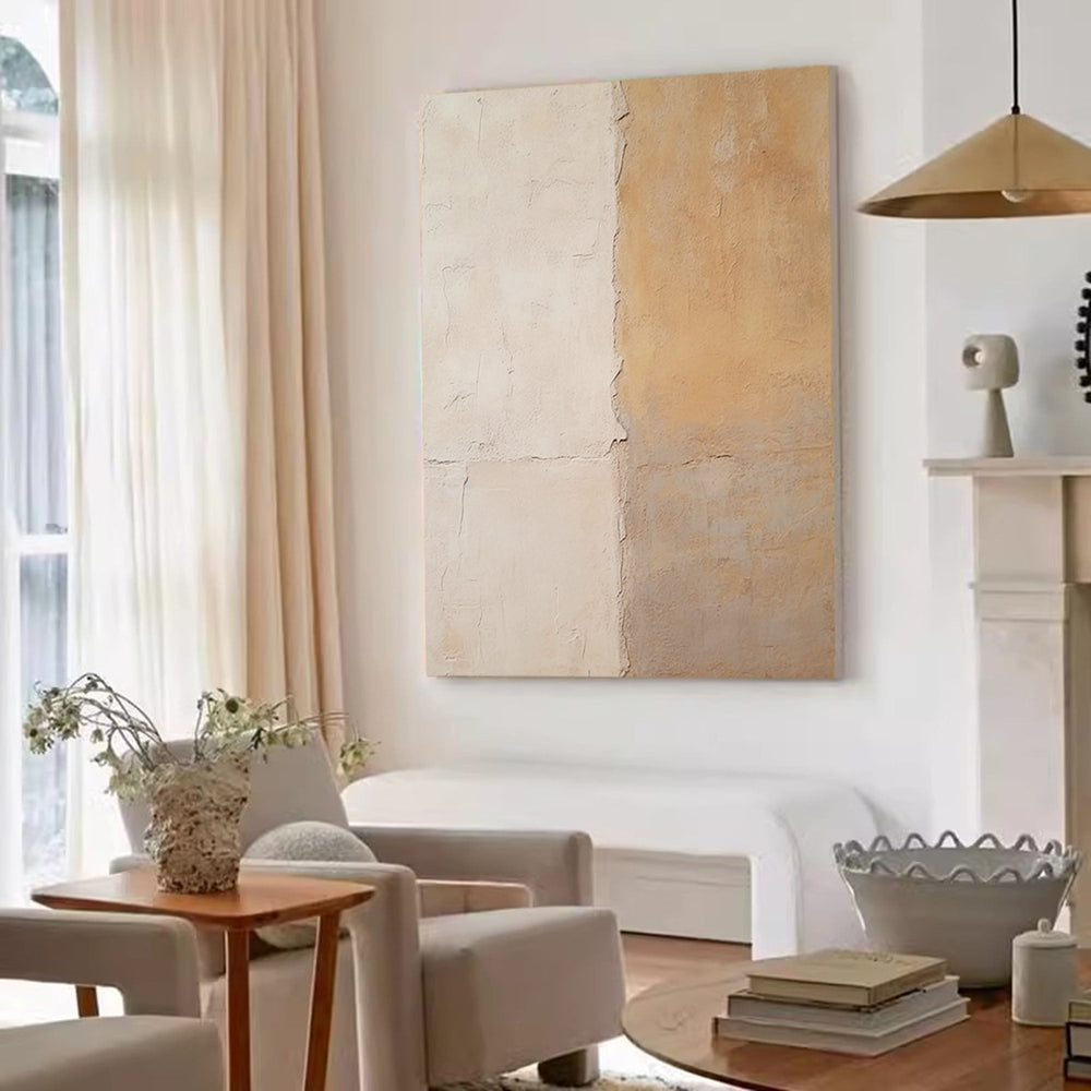Large Beige and Yellow Minimalist Oil Painting Abstract Original Vintage Wall Art Home Decor