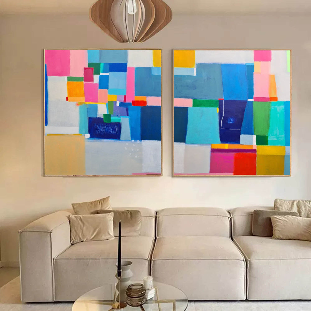 Set of 2 Minimalist Abstract Oil Paintings Contemporary Geometry Canvas Wall Art Home Decor