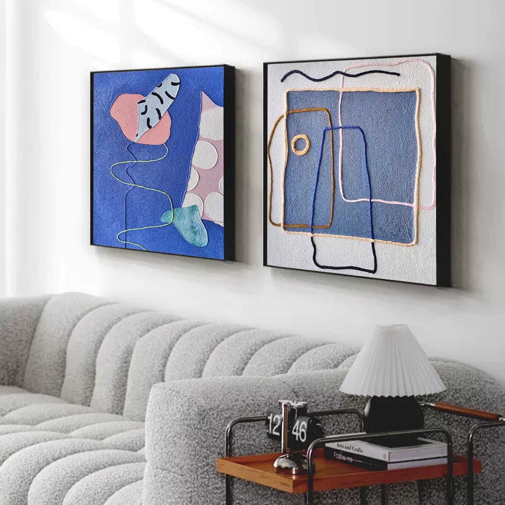 Set of 2 Large Abstract Modern Blue Square Original Oil Paintings On Canvas Graffiti Texture Wall Art Living Room Decor