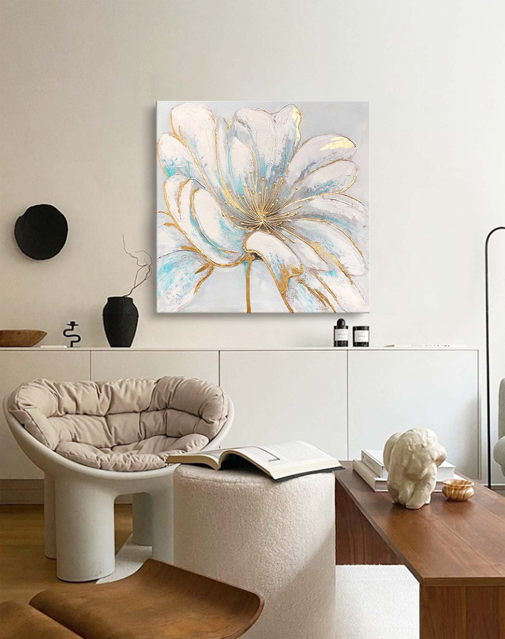Original Bright white Flower Wall Art Large Textured Floral Acrylic Painting Modern White Floral Oil Painting On Canvas For Living Room