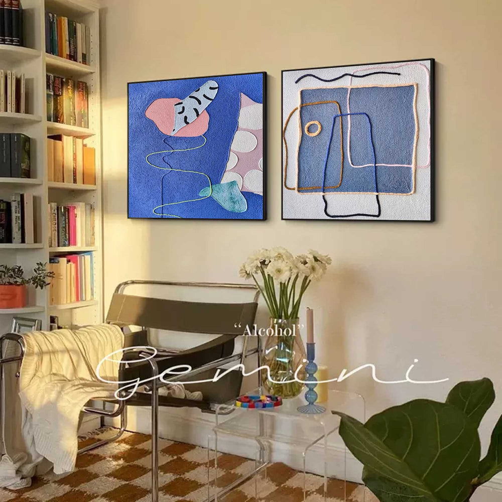 Set of 2 Large Abstract Modern Blue Square Original Oil Paintings On Canvas Graffiti Texture Wall Art Living Room Decor