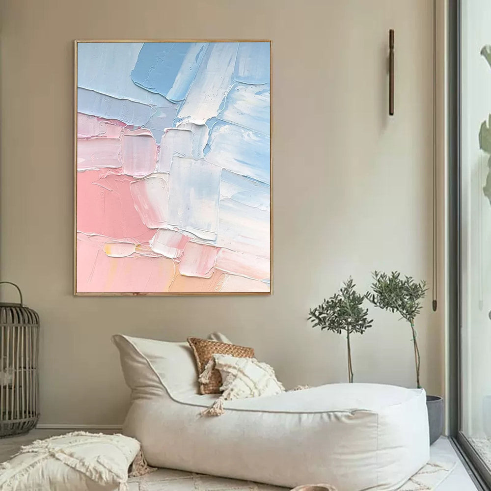 Large Minimalist Abstract Painting On Canvas Textured Blue Art Pink Acrylic Painting