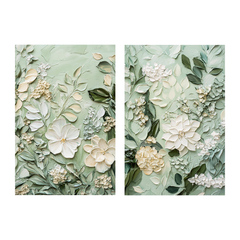 Soft Green Floral Diptych Oil Paintings with Impasto Texture, Set of 2 Botanical Wall Art