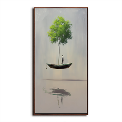The Rooted Drift – Surreal Floating Tree and Boat Painting Minimalist Conceptual Art