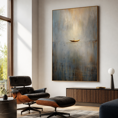 Still Passage – Surreal Abstract Boat Painting Calm Minimalist Wall Art