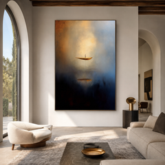 Ascend in Silence – Surreal Abstract Boat Painting Floating Man Dreamlike Wall Art
