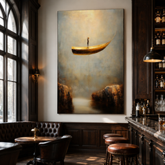 Lone Voyager – Surreal Boat Painting Floating Man in Canyon Wall Art