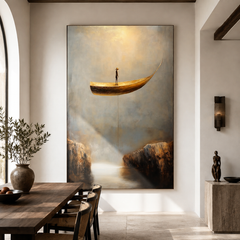 Lone Voyager – Surreal Boat Painting Floating Man in Canyon Wall Art