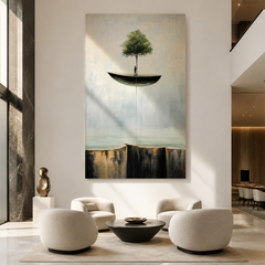 Hope Suspended – Surreal Floating Tree Painting Abstract Cliff Wall Art