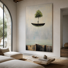 Hope Suspended – Surreal Floating Tree Painting Abstract Cliff Wall Art