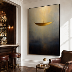 Silent Descent – Surreal Floating Boat Painting Minimalist Conceptual Wall Art