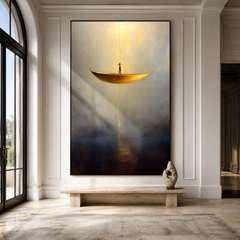Silent Descent – Surreal Floating Boat Painting Minimalist Conceptual Wall Art