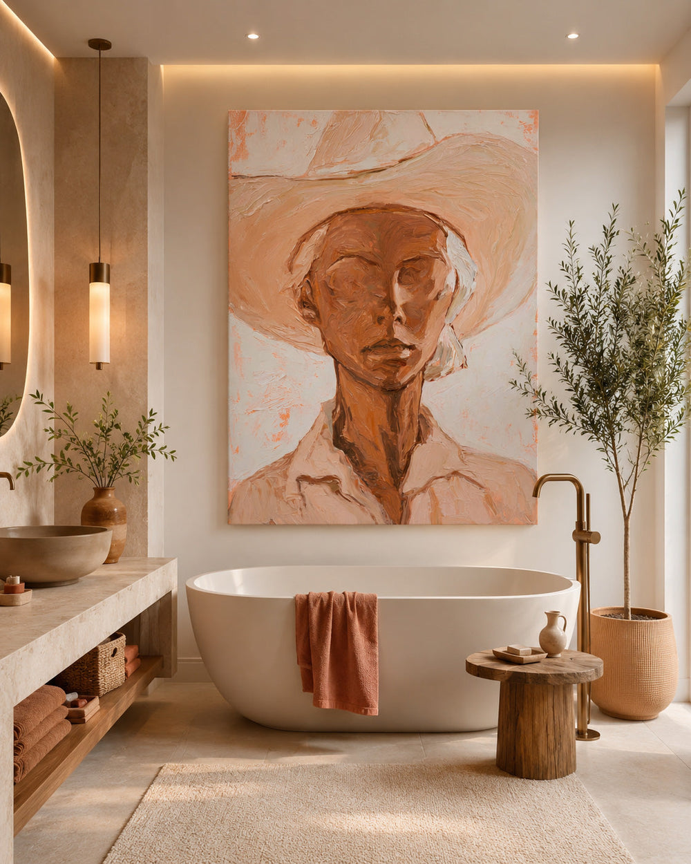 Original Oil Painting Of Woman In Hat With Expressive Texture For Entryway And Hallway