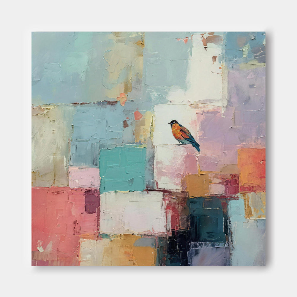 Modern Geometric Bird Painting With Colorful Blocks For Living Room Decor