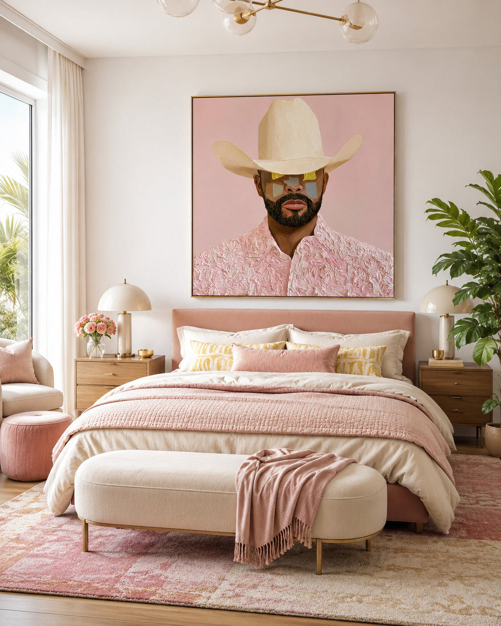 Modern Cowboy Portrait Pink Textured Canvas Art For Living Room Decor