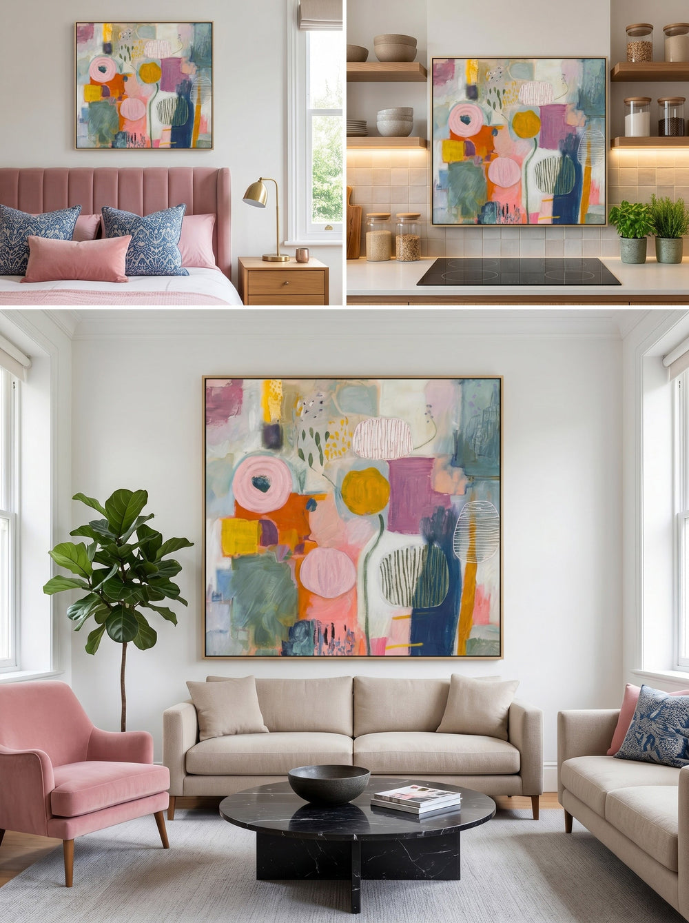 Original Hand Painted Abstract Art On Linen Canvas With Expressive Texture And Whimsical Design For Home Office