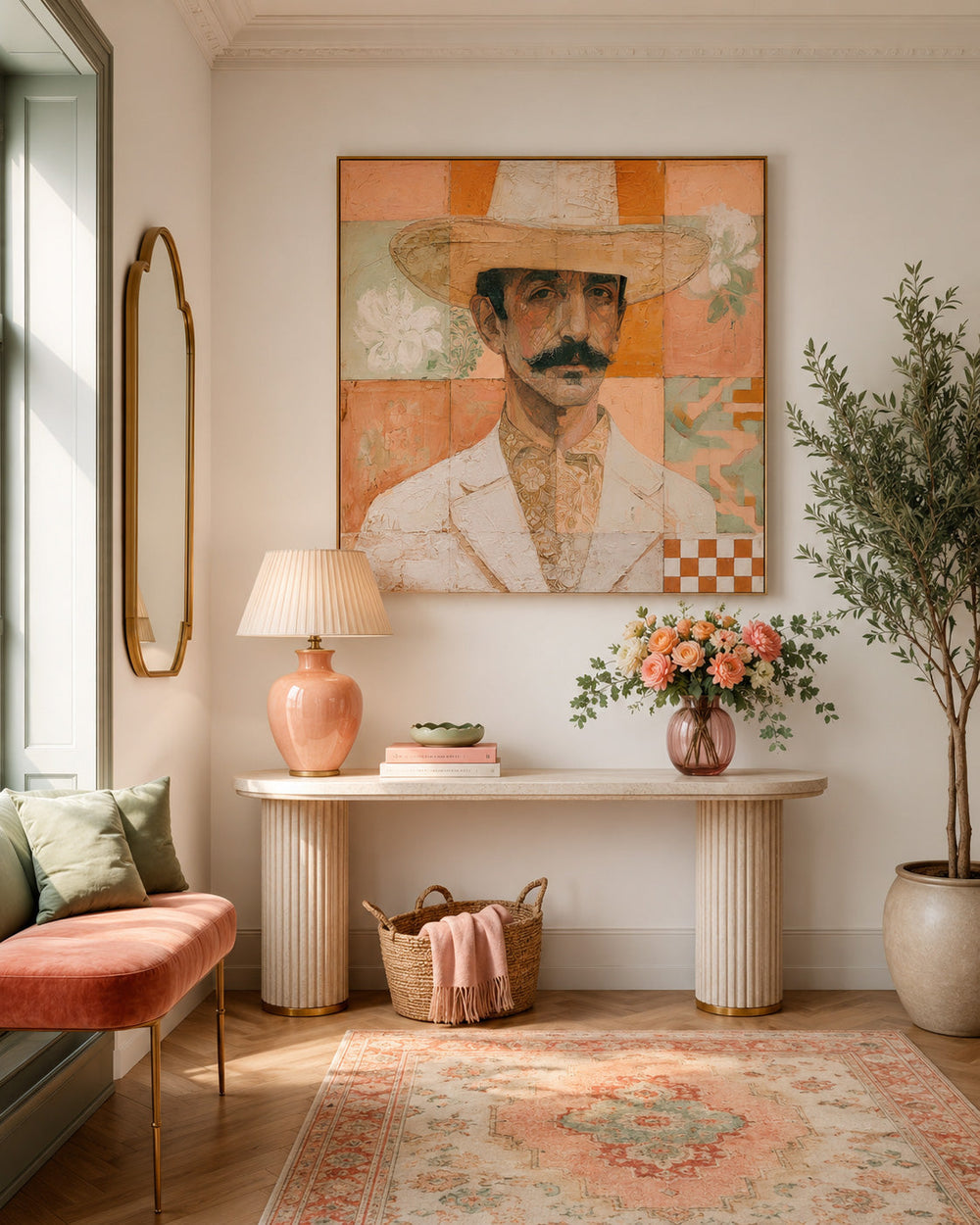 Square Format Portrait Artwork With Checkered And Floral Motifs For Wall Decoration