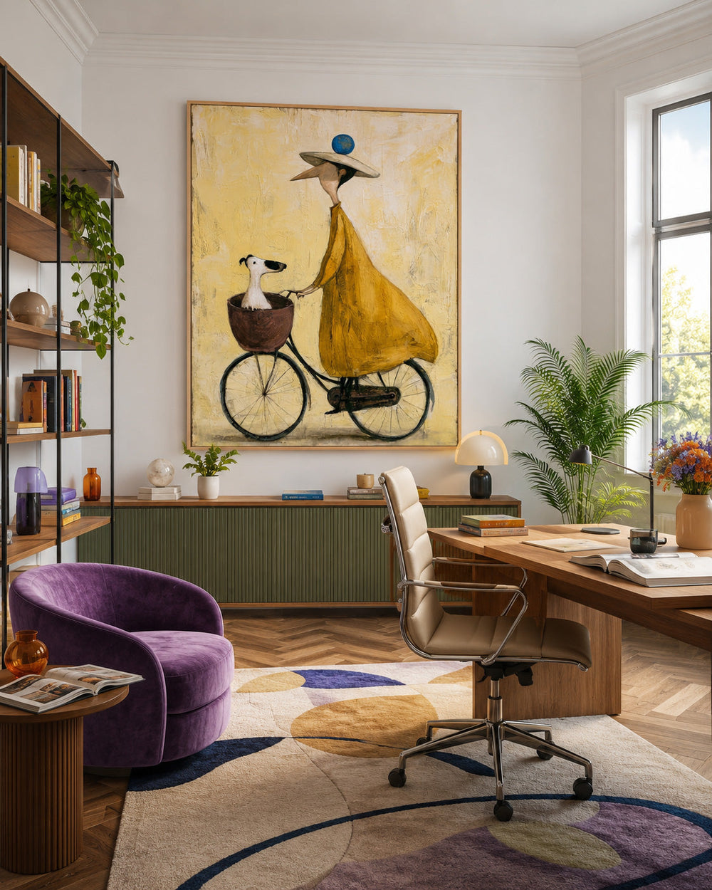 Whimsical Abstract Figure Painting With Dog In Basket For Modern Home Decor