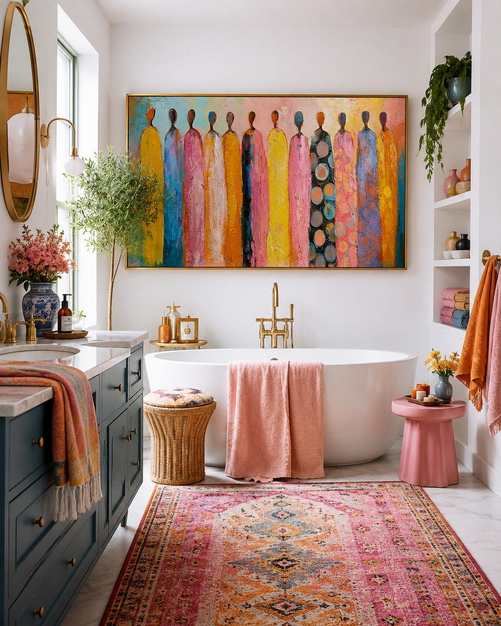 Vibrant Multi Color Figure Artwork Hand Painted Oil For Lounge And Hallway