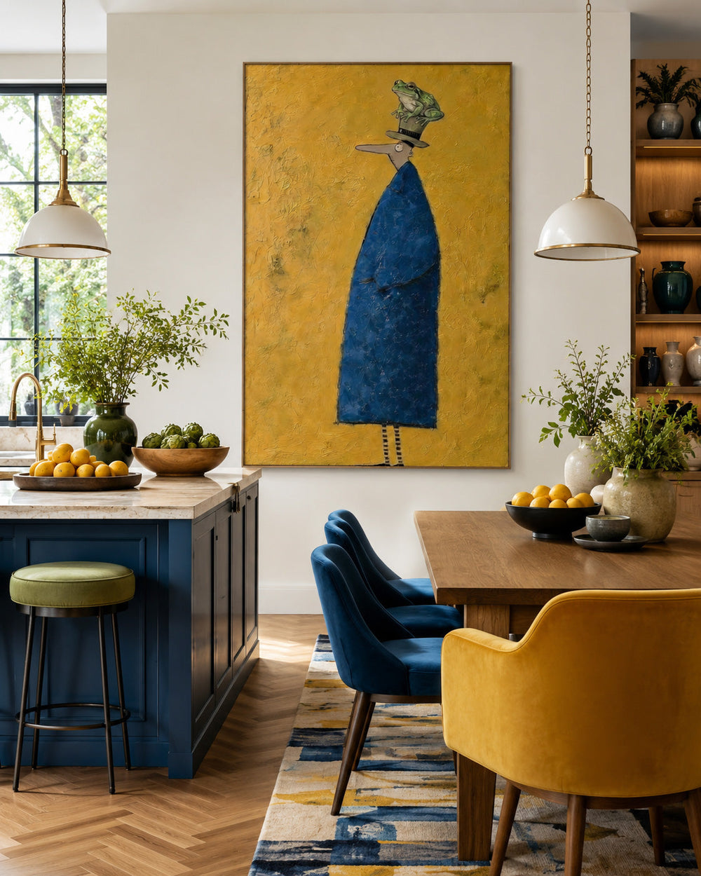 Abstract People Painting With Frog Minimalist Gold Blue Wall Art For Living Room