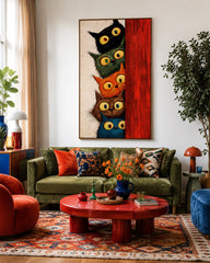 Vibrant Multi Colored Cat Artwork Illustrative Style For Modern Living Rooms