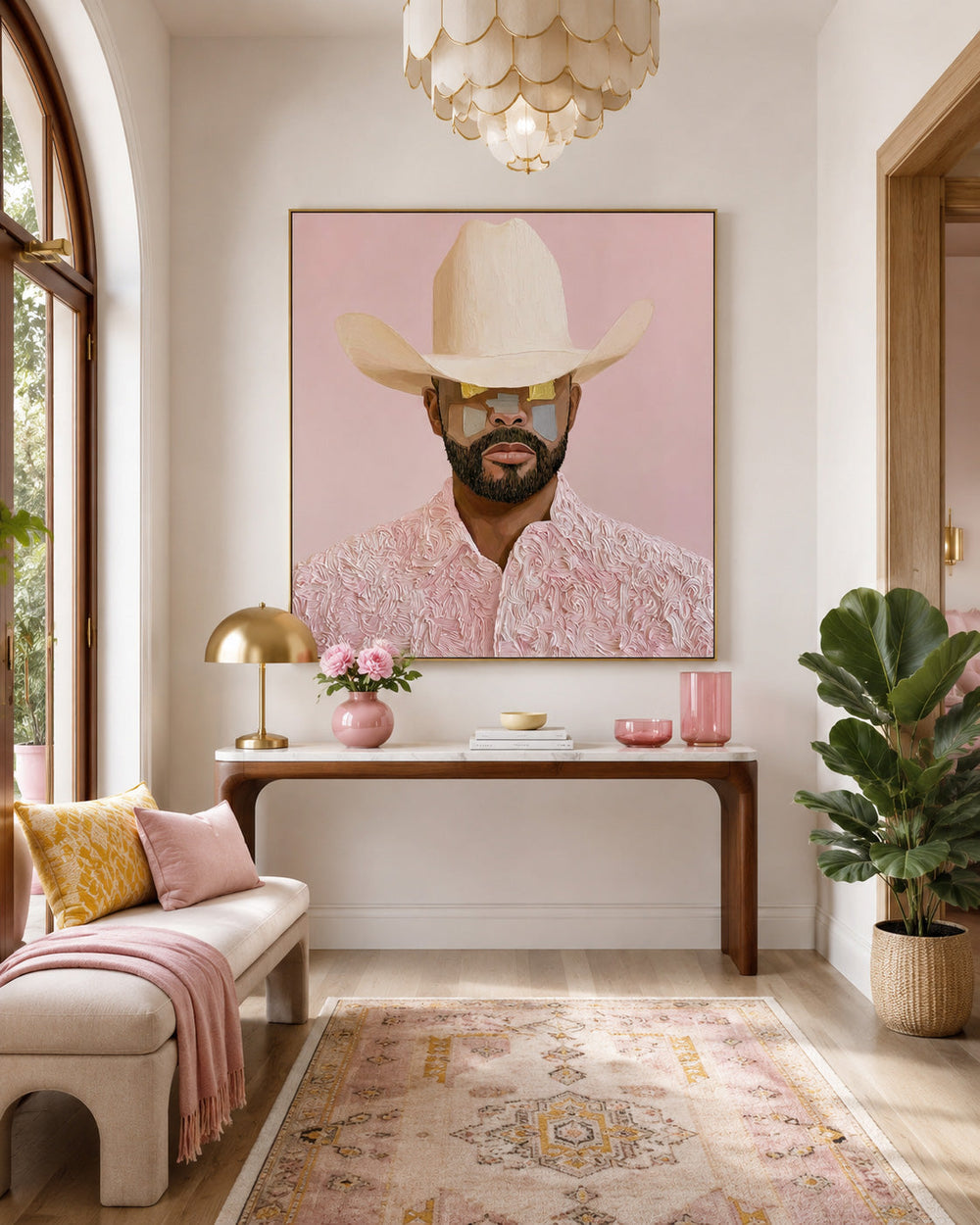 Modern Cowboy Portrait Pink Textured Canvas Art For Living Room Decor