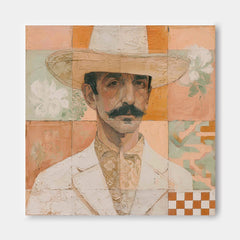 Square Format Portrait Artwork With Checkered And Floral Motifs For Wall Decoration