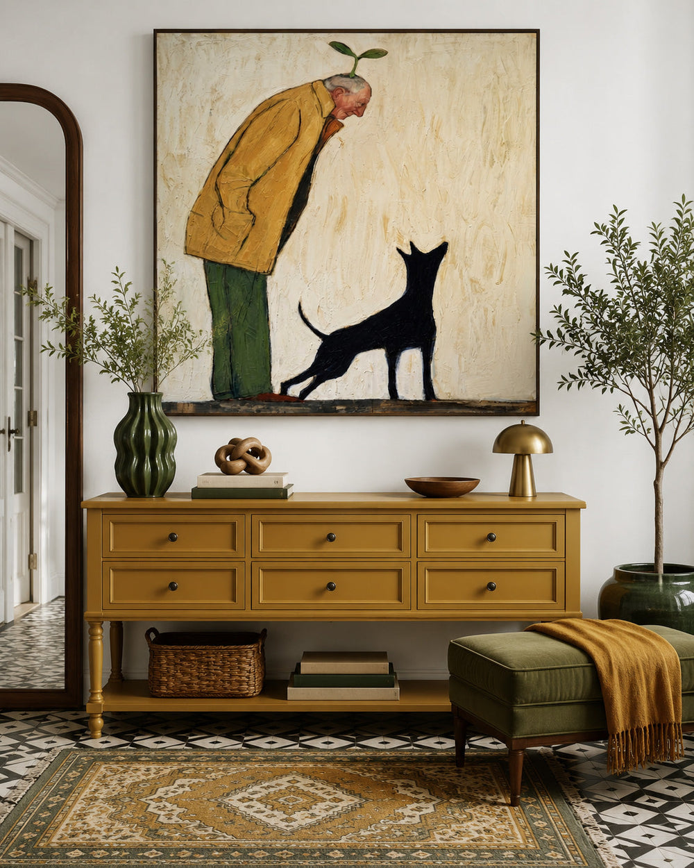 Unique Surreal Portrait Of Man With Plant And Black Dog