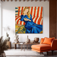 Faceless Woman Portrait Oil Painting Modern Blue Dress & Red Striped Sofa Canvas Art Vibrant Abstract Wall Decor