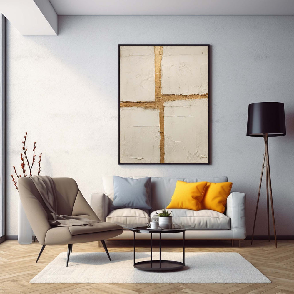Beige Large Original Abstract Oil Painting On Canvas Modern Gold Cross Texture Wall Art Home Decor