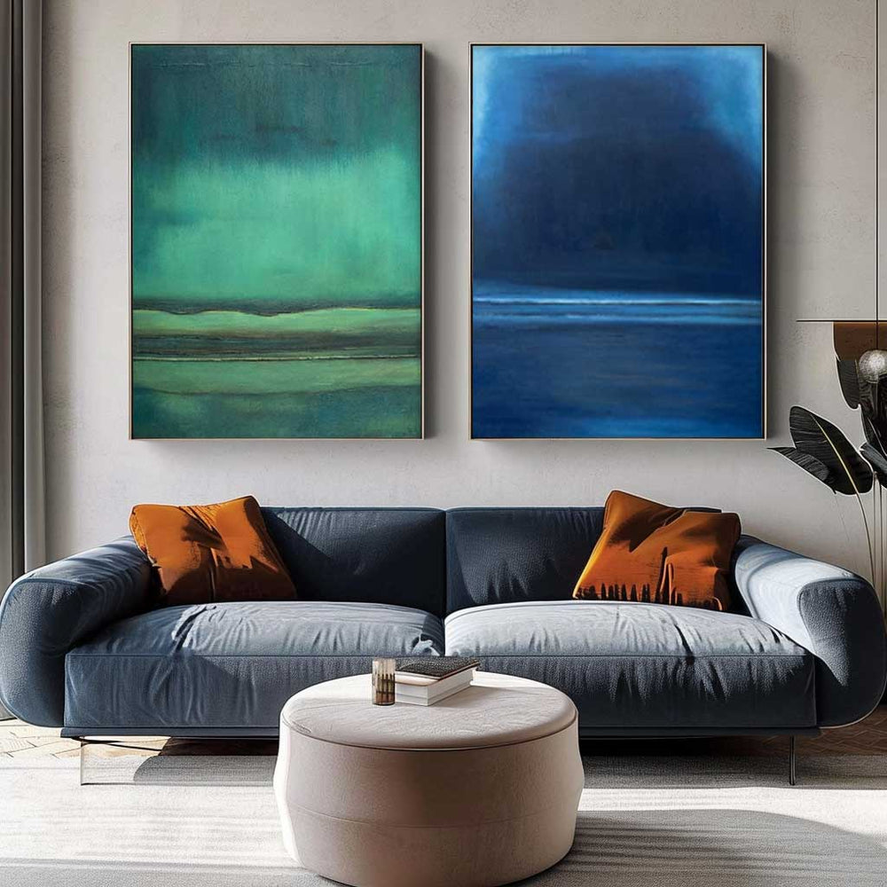 Set of 2 Blue And Green Minimalist Abstract Oil Paintings Contemporary Canvas Wall Art For Living Room