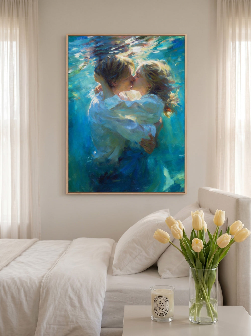 Impressionist Original Oil Painting Of Couple Kissing Underwater In Blue Tones For Bedroom Decor
