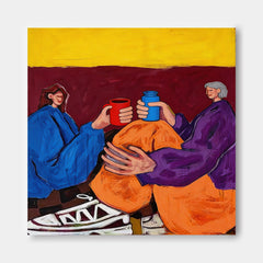 Unique Best Friends Gift Idea Square Canvas Painting Of Two Women Toasting With Mugs And Bottles