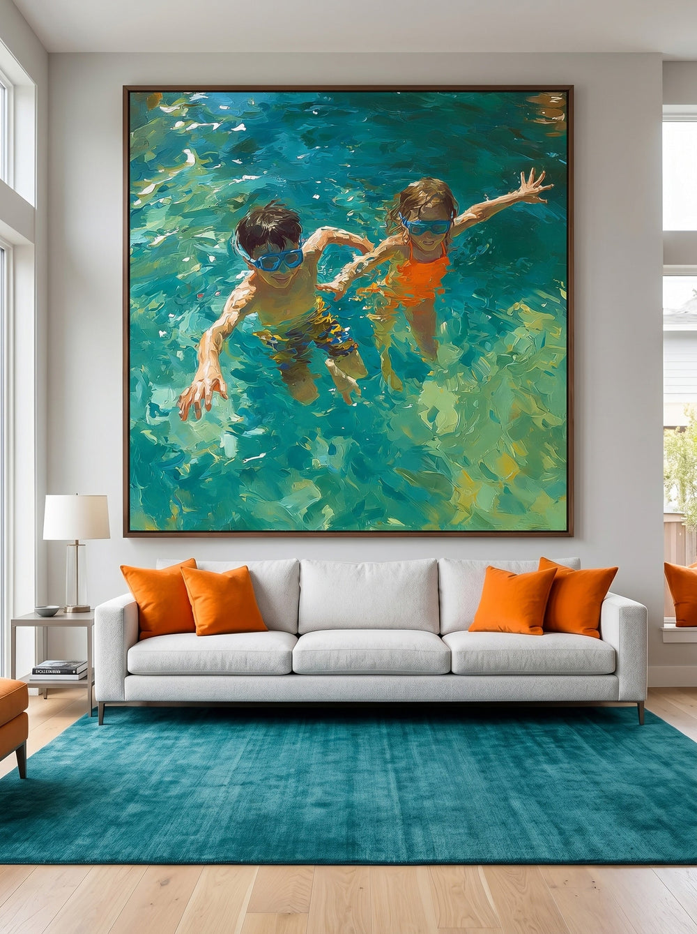 Vibrant Kids Swimming Oil Painting For Modern Family Living Room Decor