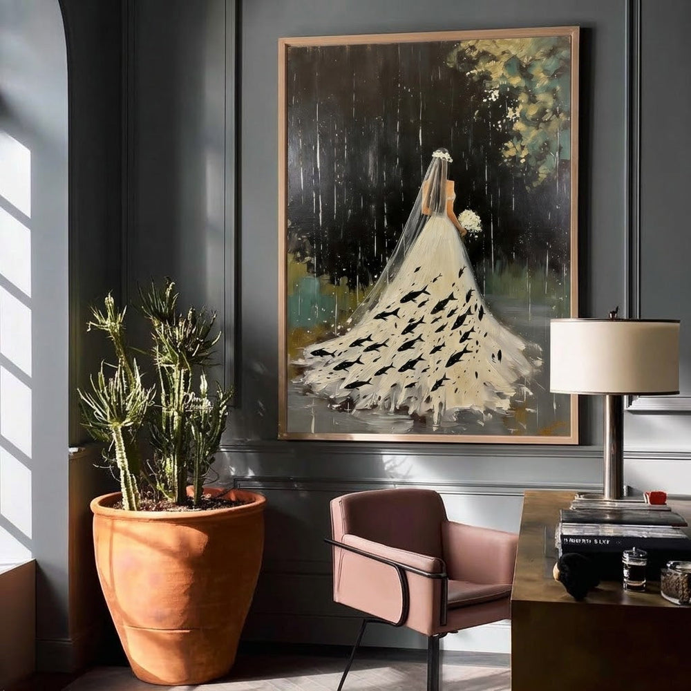 Surreal Bride Painting With Fish In Rain For Modern Home Decor