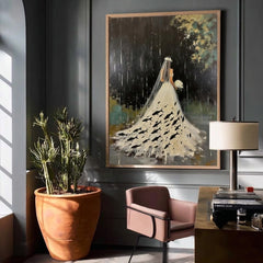 Surreal Bride Painting With Fish In Rain For Modern Home Decor
