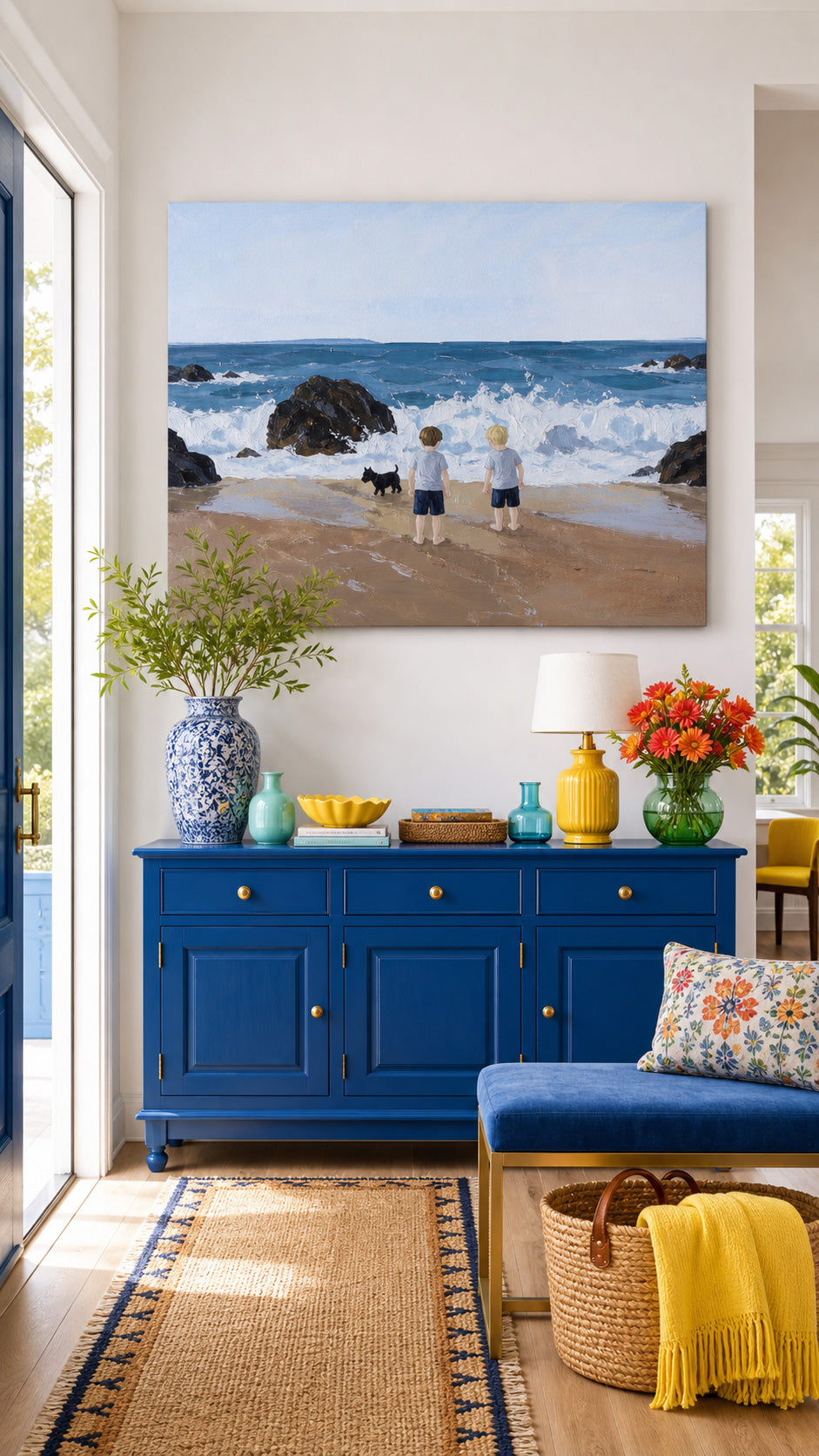 Hand Painted Beach Scene With Children And Pet Dog Nostalgic Family Wall Art