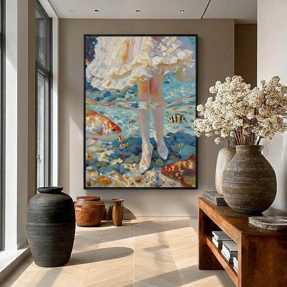 Fantasy Art Print Of Girl Standing In Clear Water With Tropical Fish