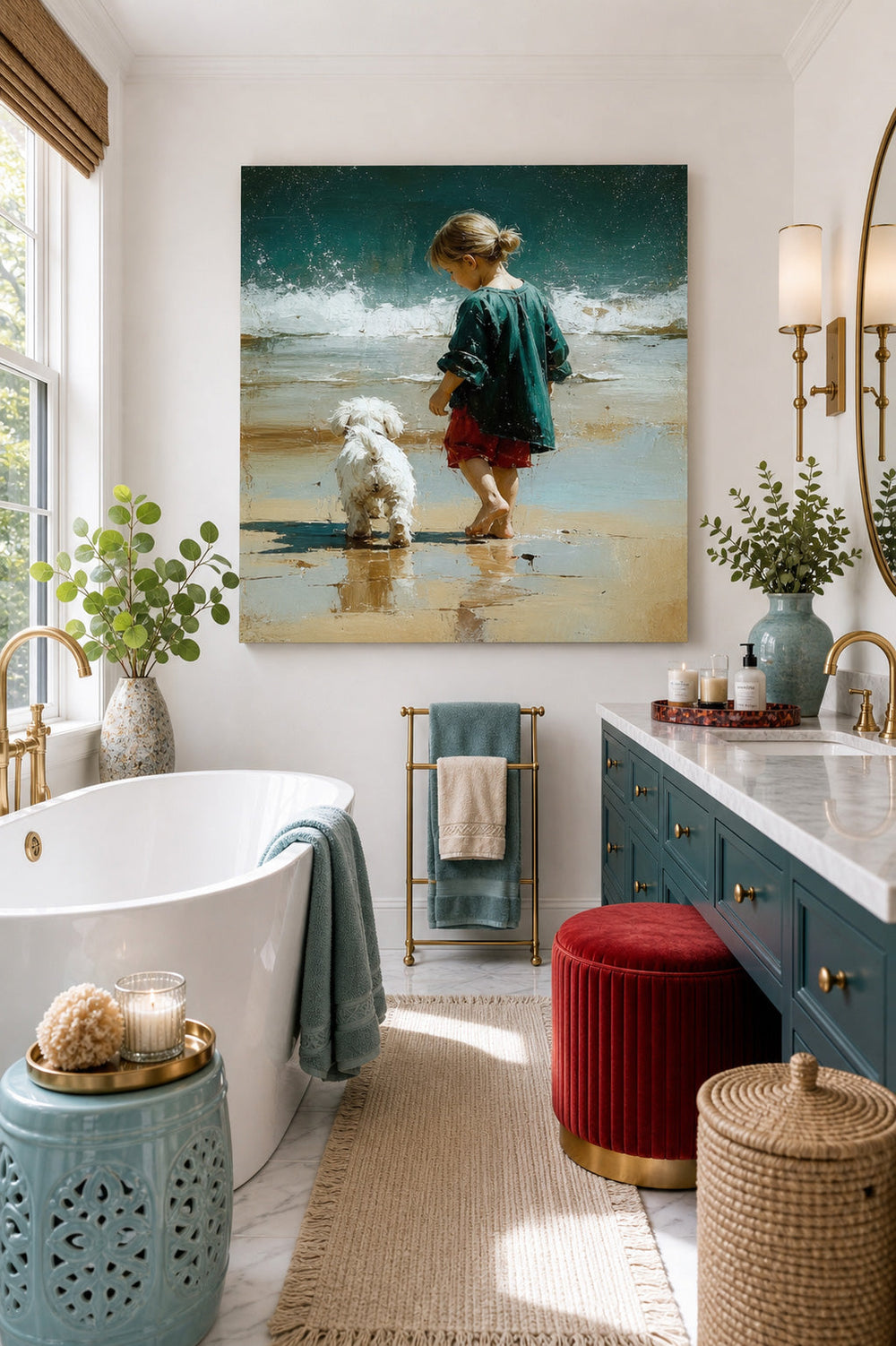 Textured Impressionist Beach Scene With Child And Pet Square Wall Art