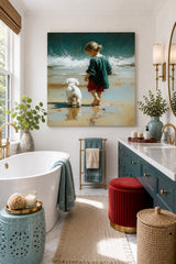 Textured Impressionist Beach Scene With Child And Pet Square Wall Art
