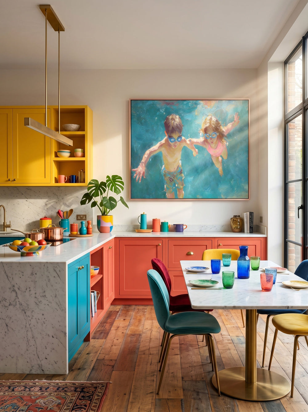 Charming Kids Swimming Oil Painting For Modern Family Home Decor Wall Art
