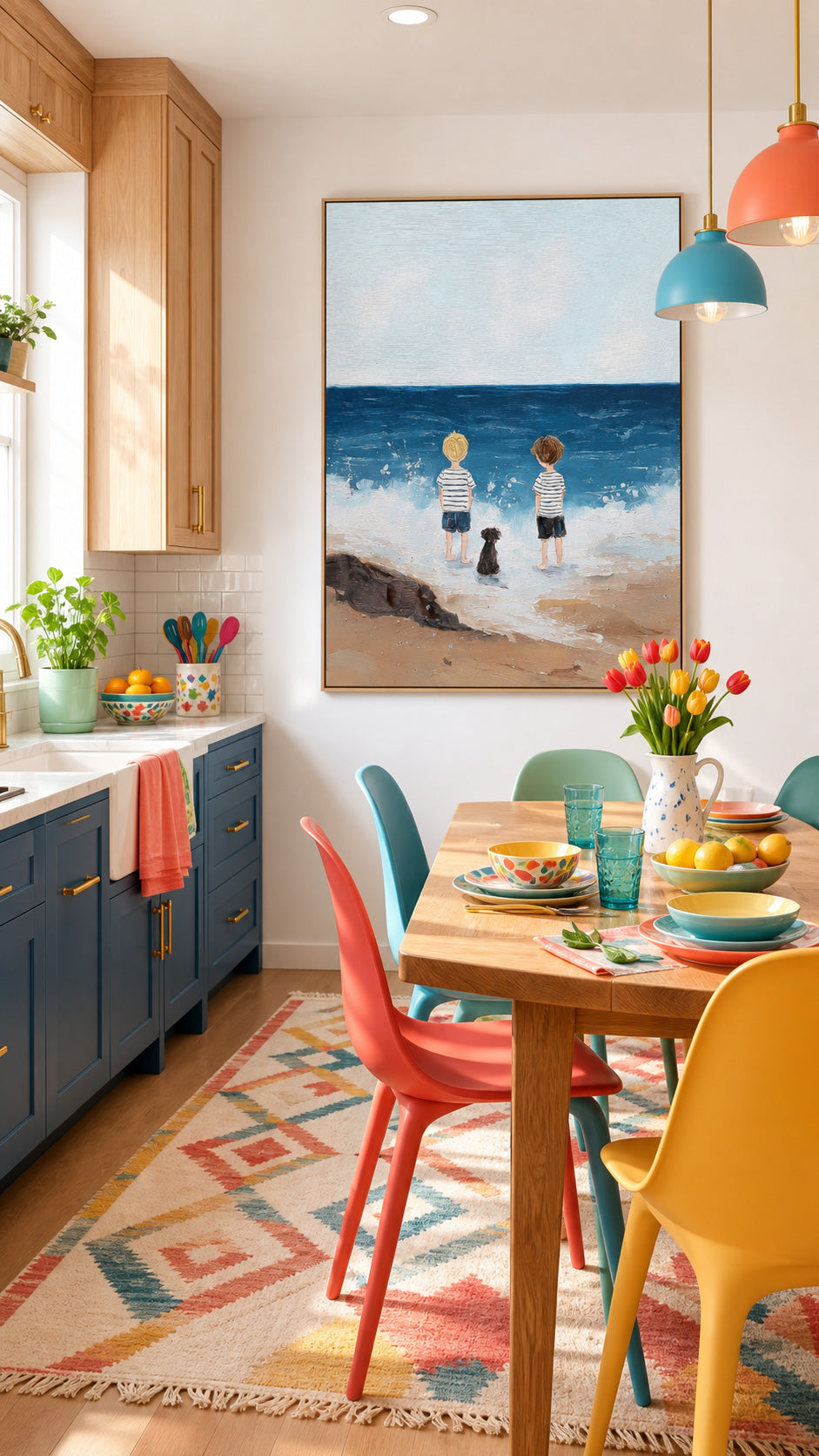 Original Hand Painted Seascape Artwork Featuring Children And Pet On Linen
