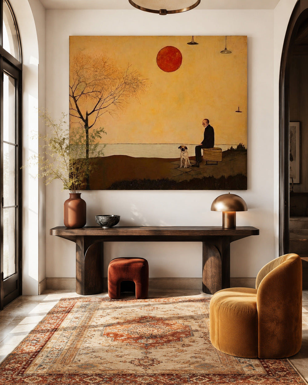 Retro Minimalist Oil Painting Of Man And Dog At Sunset For Living Room Decor